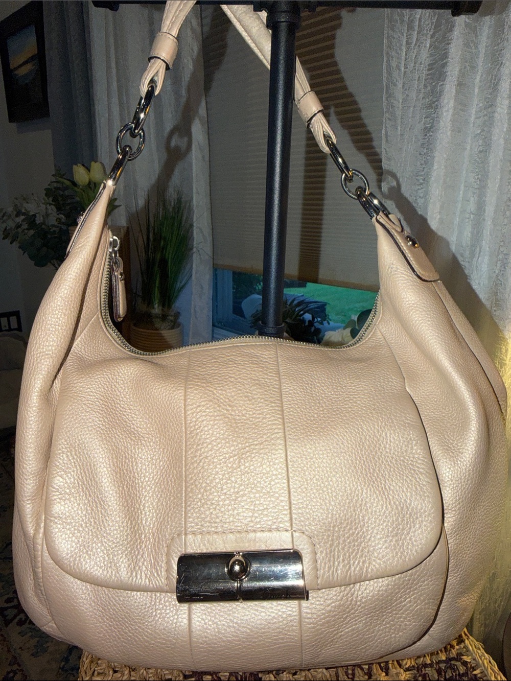 Neutral Beige Leather Hobo Bag - Sleek Everyday Shoulder Purse